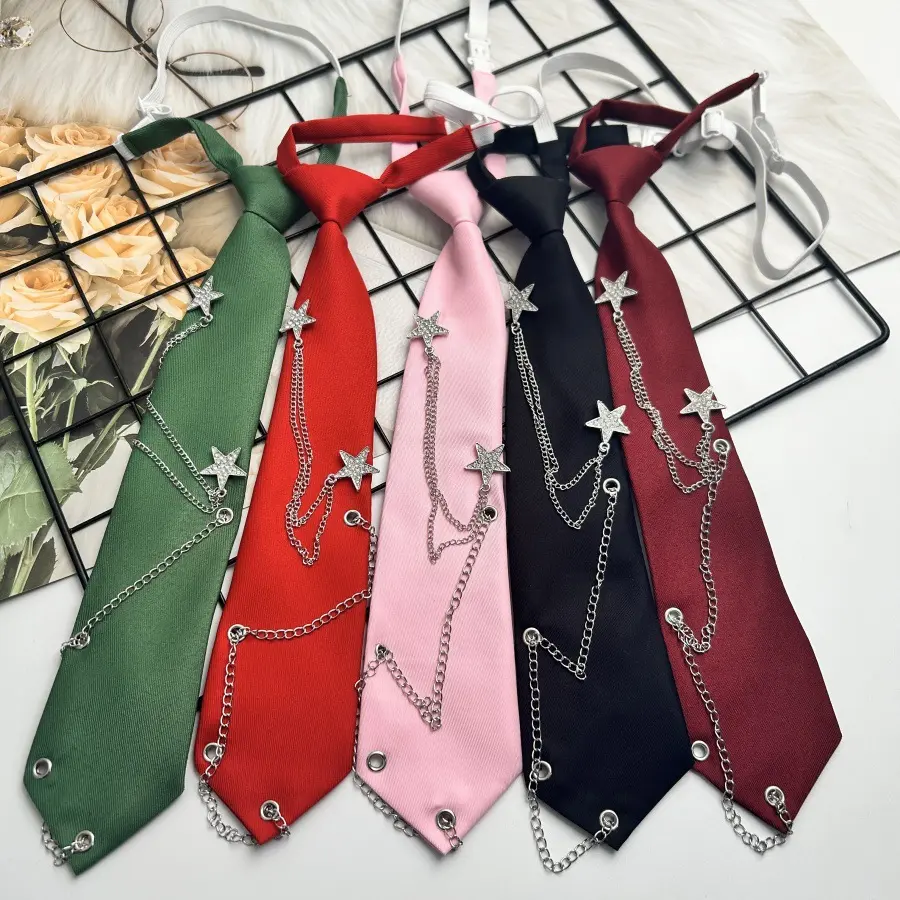 Women's Pre-tied Solid Neck Tie with Detachable Rhinestone Coffee Star Chain & Dark Red Star Chain Pendant - Female Lolita JK Uniform Accessory for Casual School Cosplay