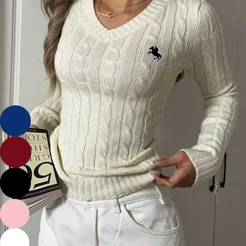 Women's Horse-Embroidered Classic V Neck Embroidery Sweater Pullover, Casual Long Sleeve Jumper for Spring & Fall, Fashion Women's Knitwear Tops for Daily Wear, Womenswear
