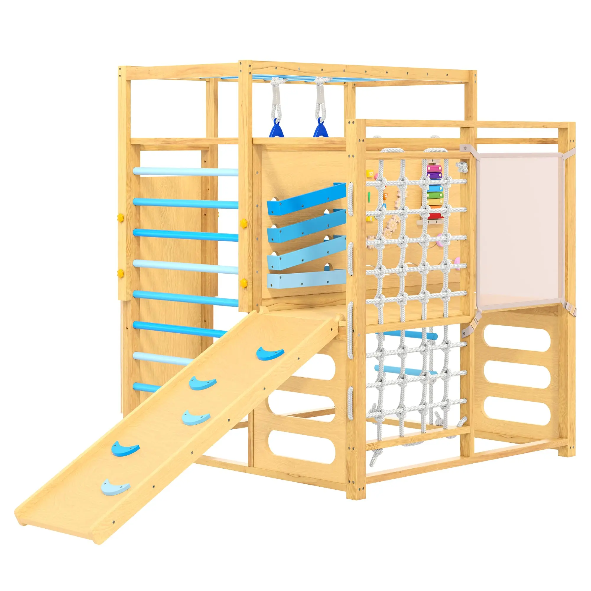 9-in-1 Wooden Indoor Jungle Gym for Kids Ages 2–8, Adjustable Climbing Playset with Slide, Monkey Bars, Rope Ladder, Rock Wall, Climbing Net & Gym Rings, Compact Indoor Playground