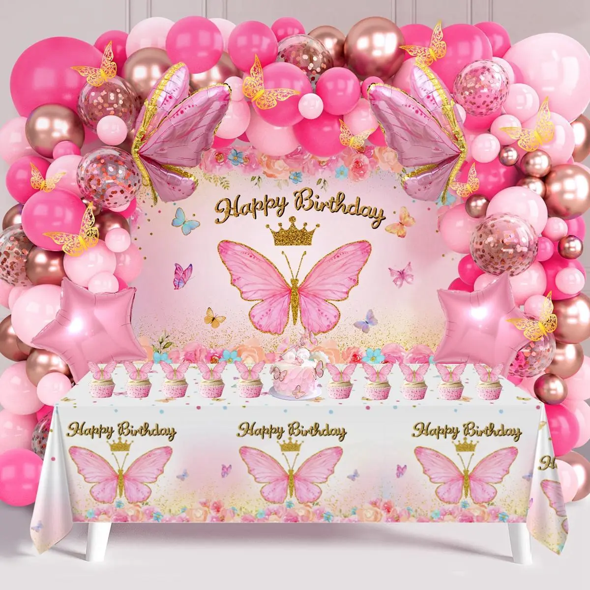 Butterfly Birthday Balloon Arch Kit, 95pcs Purple Pink Butterfly Birthday Party Decoration DIY Set, Lavender Balloons Foil Balloons, Happy Birthday Backdrop Tablecloth, Girl's Birthday Party Balloon Garland, Party Supplies, Father's Day Gift