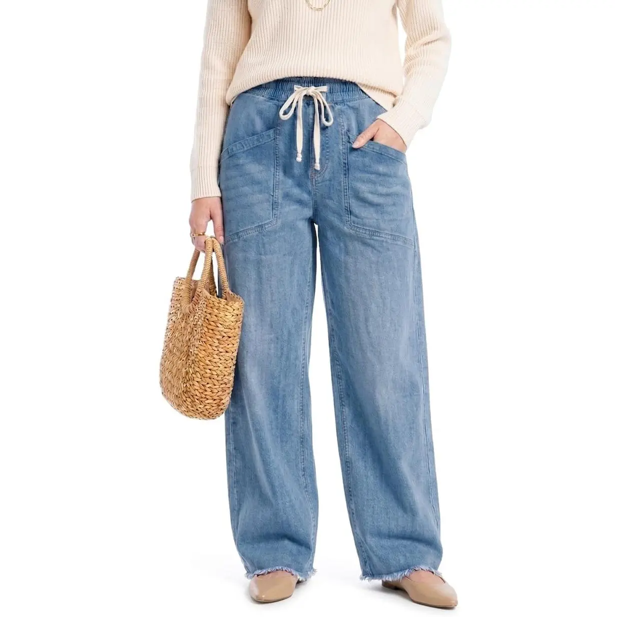 High Waisted Wide Leg Pull On Jeans Stretchy Loose Fit Elastic Waist Drawstring Denim Pant