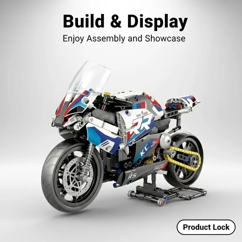 New Blue Motorcycle Model Toy, Precision Parts Assembly, High-Quality Blocks, 3D Puzzle, Static Version, No Battery, No Color Box, Interlocking Building Block