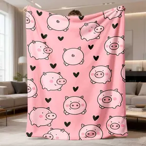 2026 New Arrival Flannel Blanket Best Friend Blanket Gift Soft Flannel Throw With Cute Cartoon Pig And Heart Design, Cozy Pink AllSeason Comfort