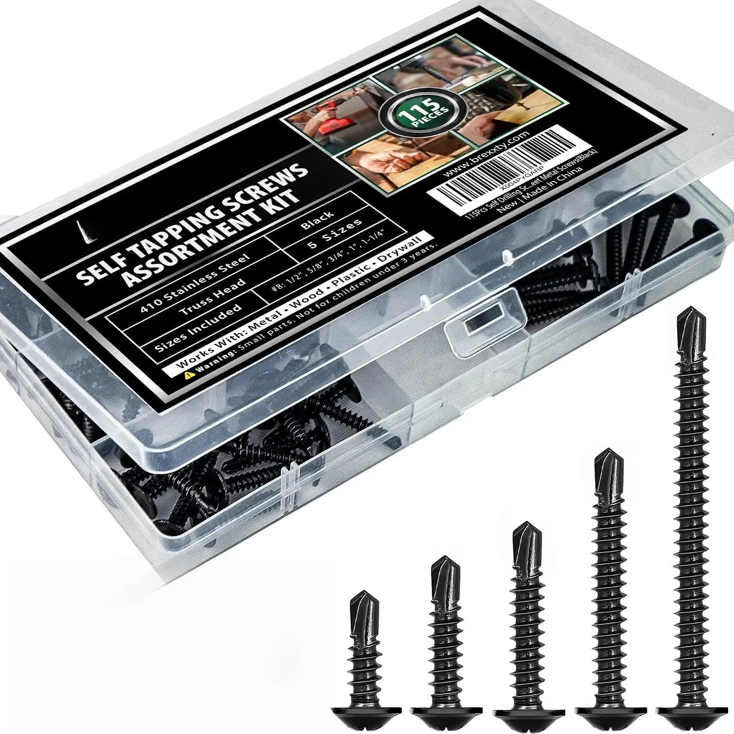 115 count Black Self Tapping Screws Kit, 410 Stainless Steel | #8 x 1/2, 5/8, 3/4 in and #10 x 1, 1-1/2 in TEK sheet metal fasteners, truss , drill point, for , plastic, roofing