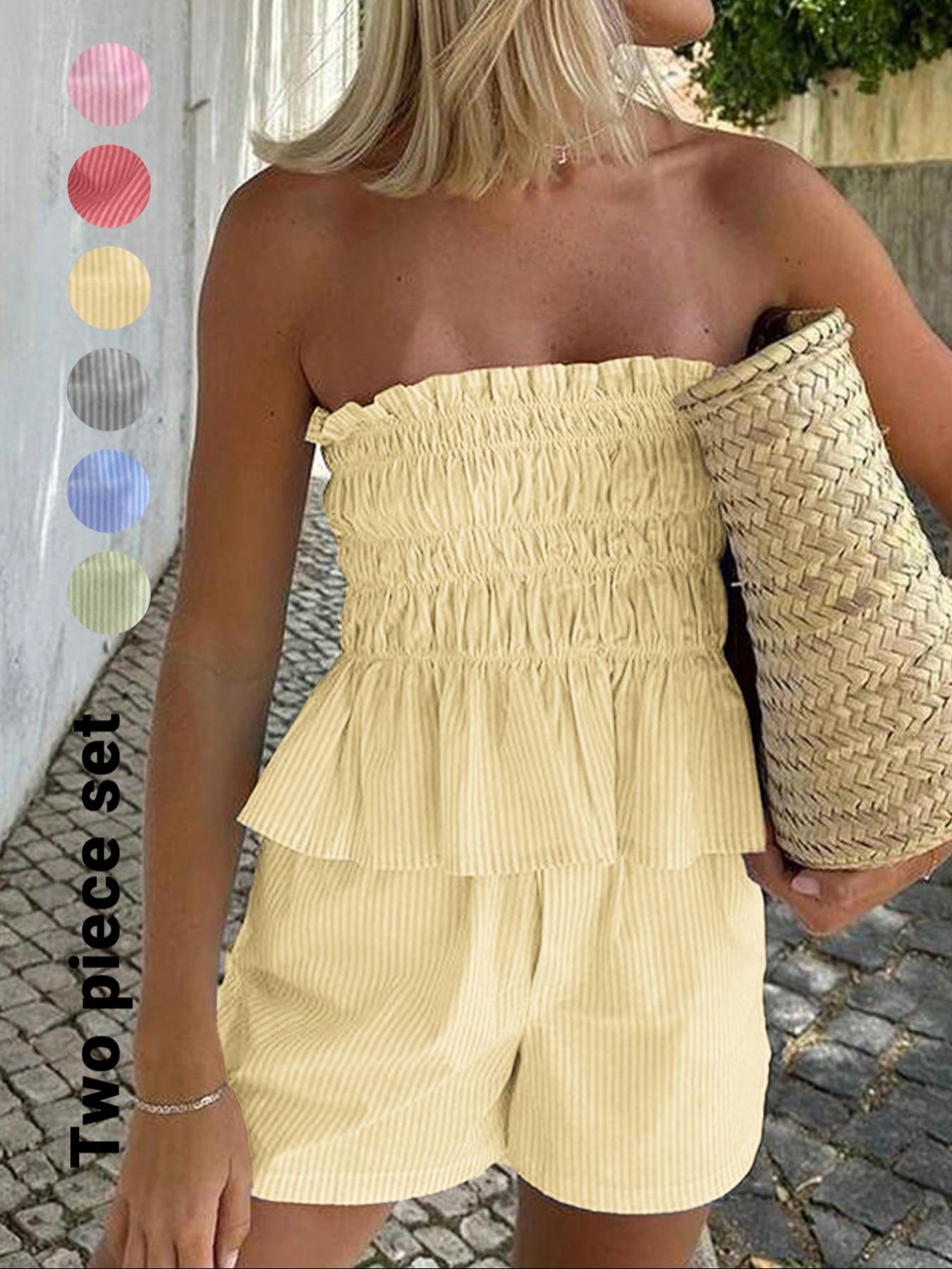 Two-piece Set Women's Striped Print Tube Top & Shorts Set, Casual Strapless Top & Shorts for Daily Wear, Ladies Clothes for Summer Outfit