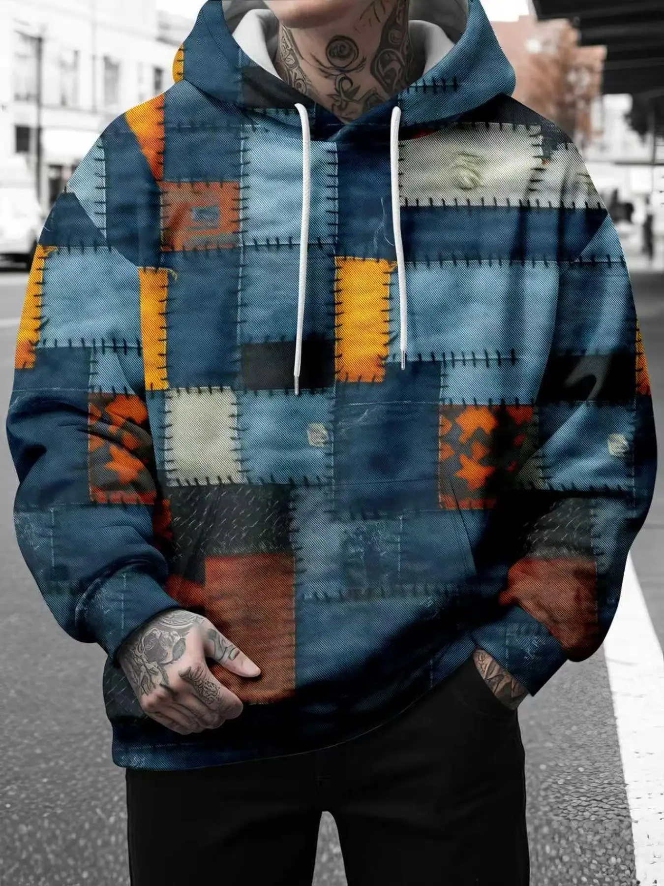Men Vintage Denim Patchwork Print Pullover Hoodie, Retro Stitched Splicing Long Sleeve Hooded Sweatshirt, Casual Streetwear Tops For Daily Hip Hop Outfits