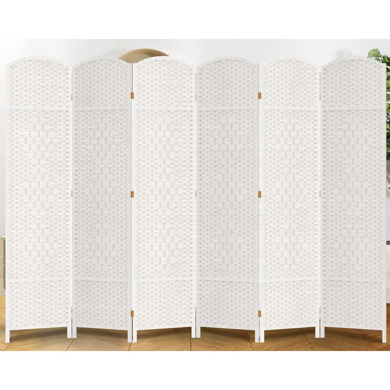 6 Panels Room Divider 6 FT Tall Weave Fiber Privacy Screen Freestanding Double Hinged Folding Screen Extra Wide Room Dividers for Patio Privacy (Off White)