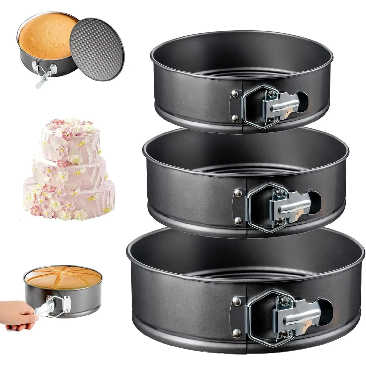 Extra-Thick Nonstick Springform Pan Set, 7, 8 & 9 Inch, Leakproof | Reinforced latches and precision-fit removable bases provide a tight seal, even heating and easy cake release