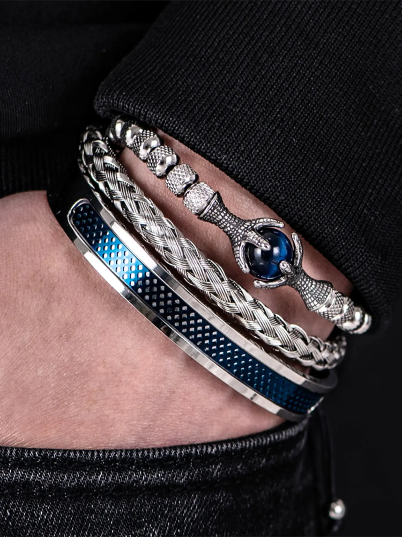 3pcs Set Luxury Men's Bracelets, Stainless Steel Vintage Claw Handmade Rope, 304 Steel, Natural Tiger Eye Stone, Gift for Men