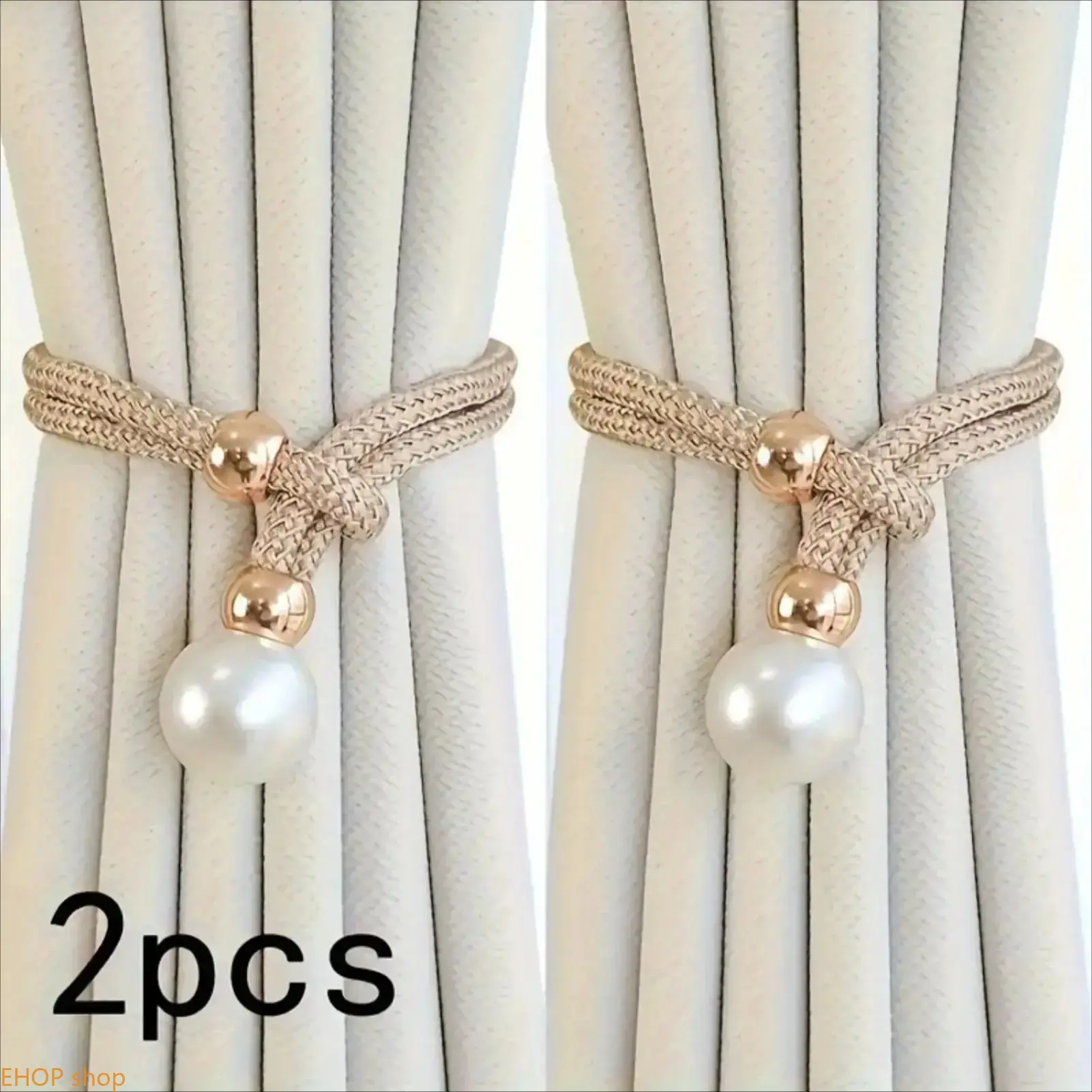 2-Pack Faux Pearl Rope Curtain Tiebacks Adjustable Elegant Window Holding Accessory Chic Sheer Drapery Matching Ornament Soft Indoor Home Layout Decor For Living Room Bedroom Window Styling, Cute, Polyester