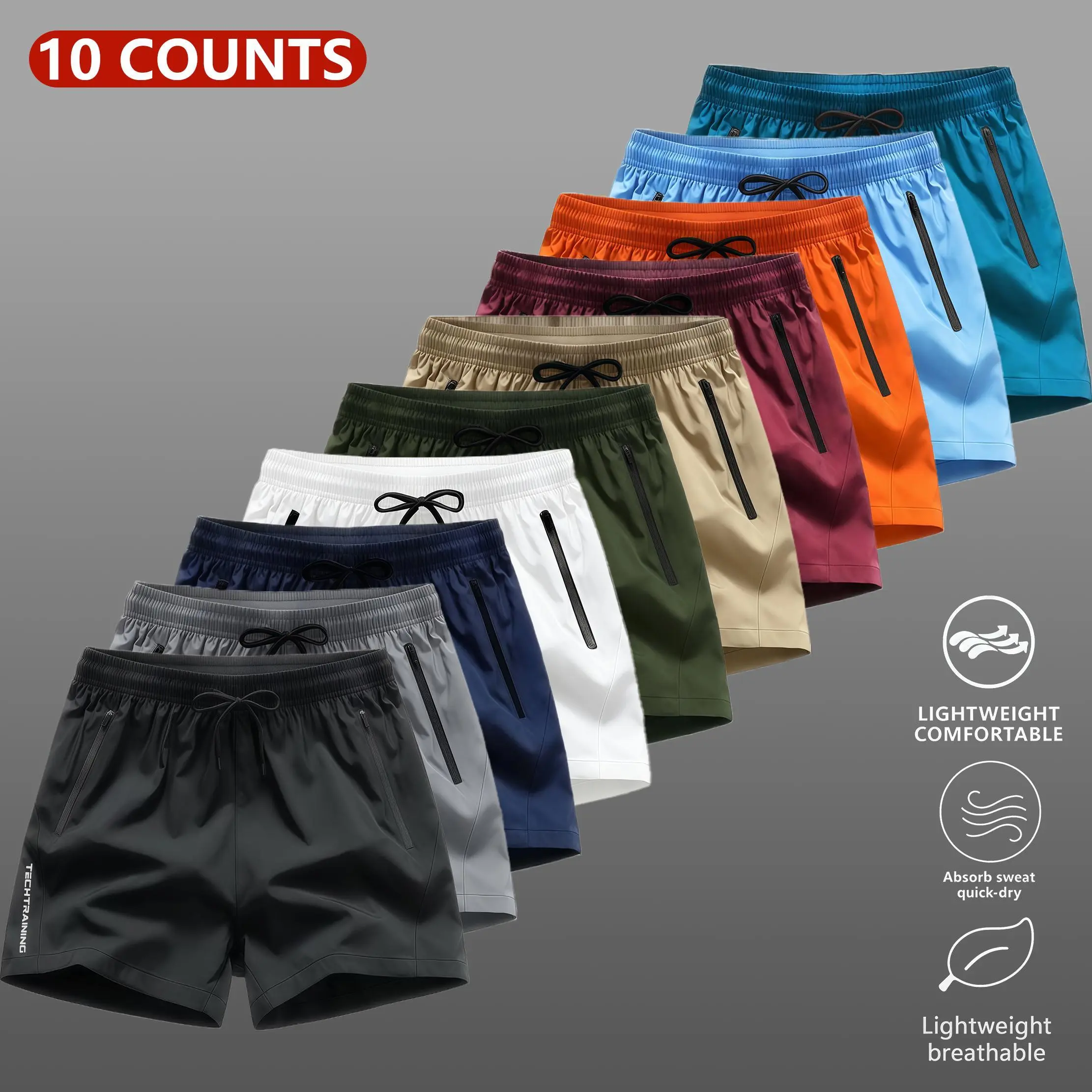 Men's 10-Pack Quick Dry Tech Training Shorts - Soft Stretch, Training Cycling, Streetwear Sports Styles | Multi-Color Zipper Pockets, Elastic Drawstring Waist, Breathable Gym Bottoms | Men’s Clothes, Mensfashion for Workouts, Summer Daily Wear, Soft Stret