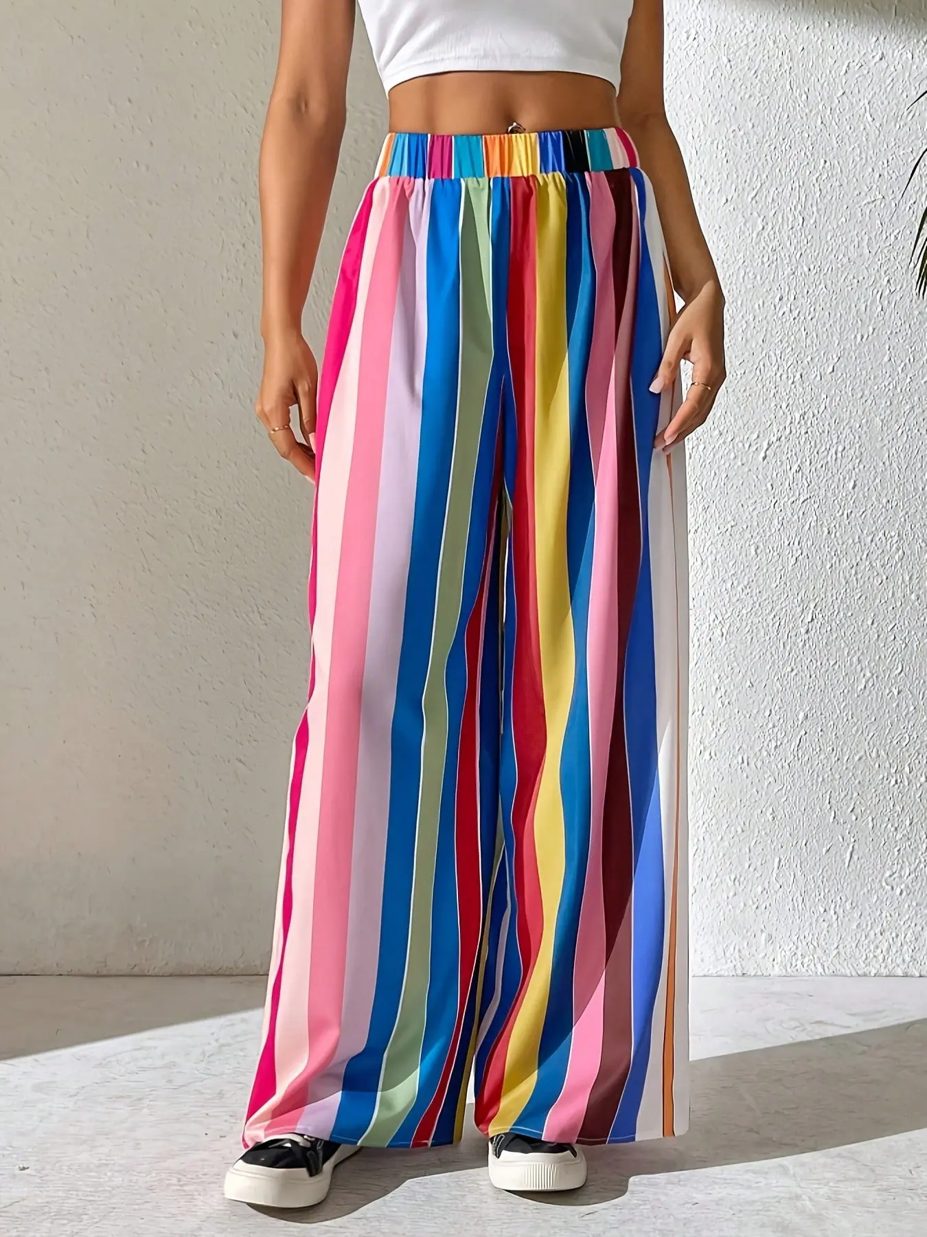 Women's Rainbow Striped Wide Leg Loose Pants, Aesthetic Boho Summer Style, High Elastic Waist, Flowy Silhouette, Lightweight Chiffon, Beach Wear, Bohemian, Bottoms