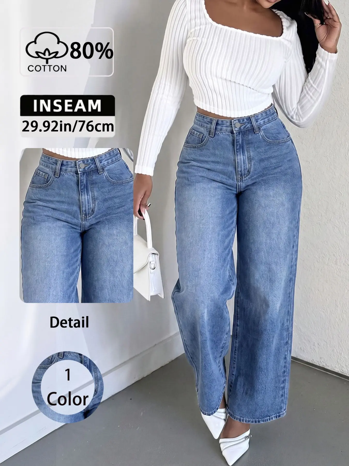 Women's Mid-Rise Baggy Wide Leg Jeans, Snow Wash Denim Pants, Trendy Street Style, Slimming Casual Trousers, Elegant Chic Bottoms, Summer & All Seasons Wear