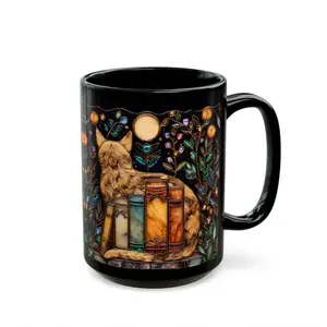 Stained Glass Celestial Moon Cat & Books Ceramic Coffee Mug, Magical Witchcore Dark Academia Literary Tea Cup, Cosmic Book Lover Gift For Cat Mom Astrology Women Birthday Christmas Galentine Book Club Housewarming Present