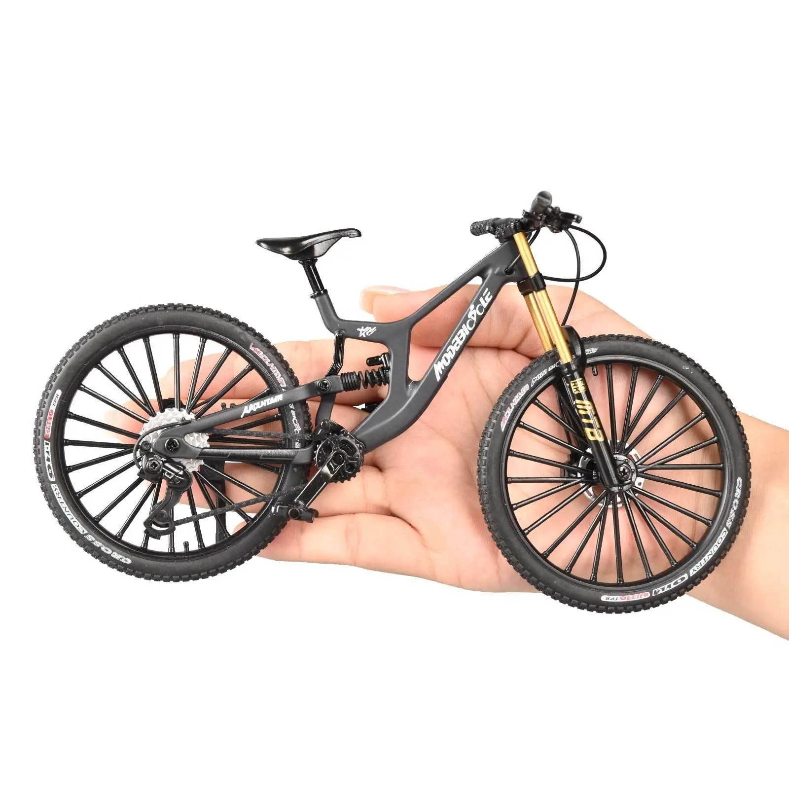 For detail fanatics! 1:8 downhill mountain bike model with compressible dual suspension, multi-spoke wheels & hollow frame, palm-sized exquisite desk ornament, perfect for collection & gift giving.
