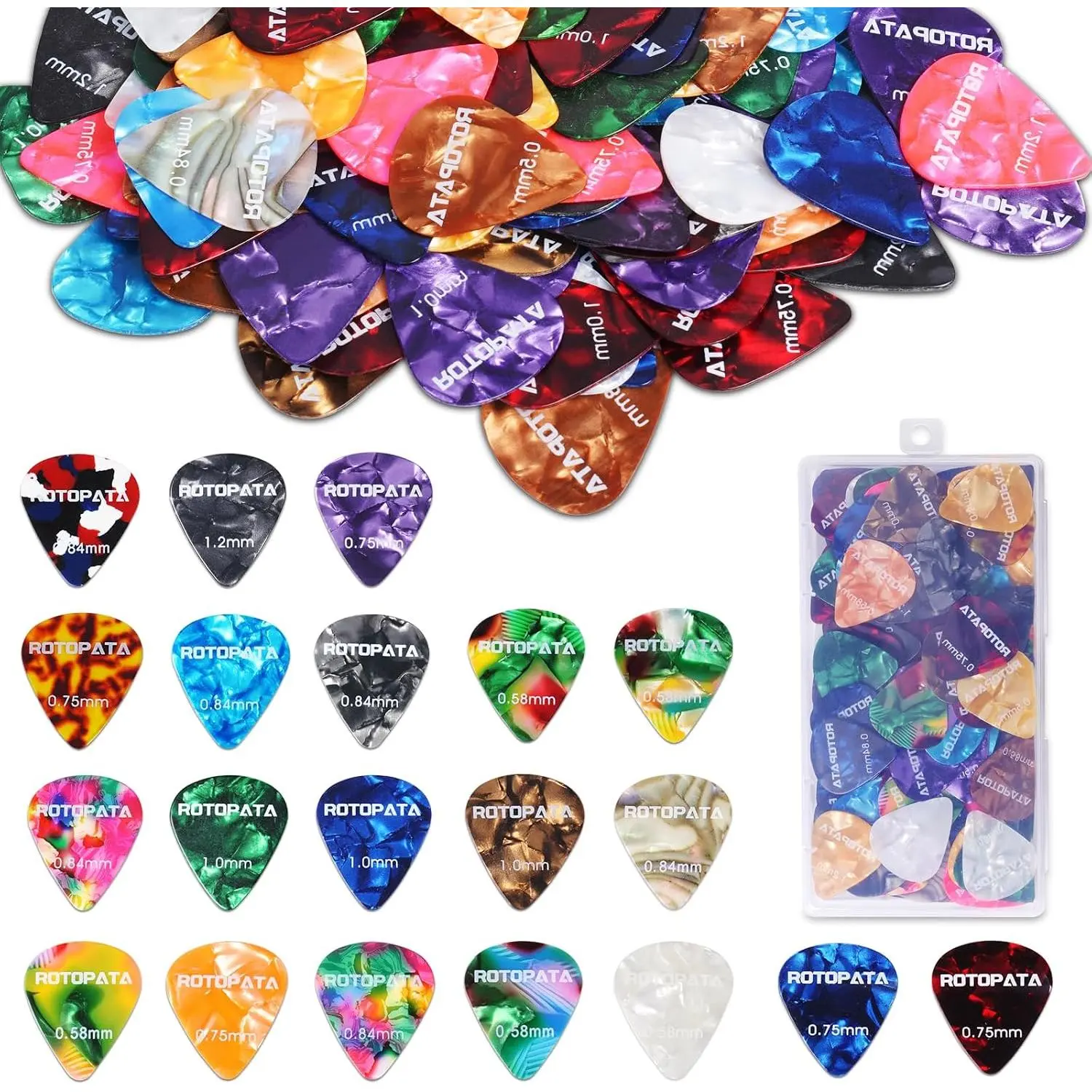 120 Pack Celluloid Guitar Picks with Organizer Box, 6 Thicknesses (Ultra Thin, Medium, Heavy) & Variety Colors for Acoustic Guitars, Bass, Electric Guitars, Ukulele, Banjo with Enhanced Timbre