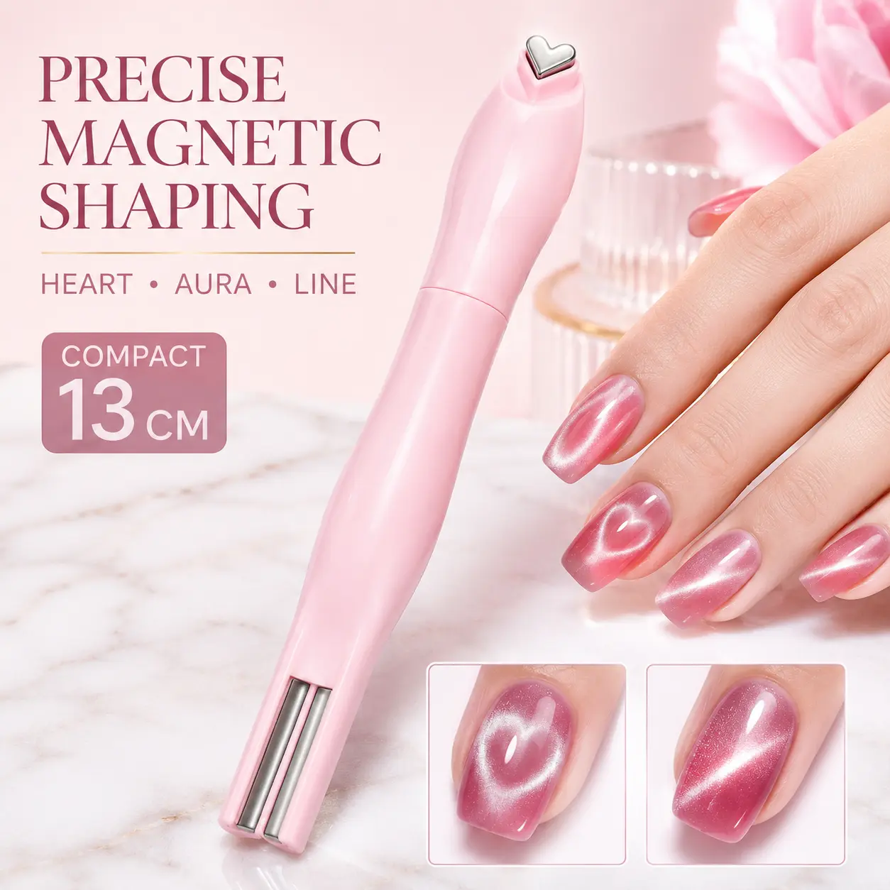 3-in-1 Cat Eye Nail Magnet Tool, Heart Line Aura Magnetic Nail Art Pen, DIY Manicure Tool for Cat Eye Gel Polish, Home Salon Nail Design Nail Tools Compact