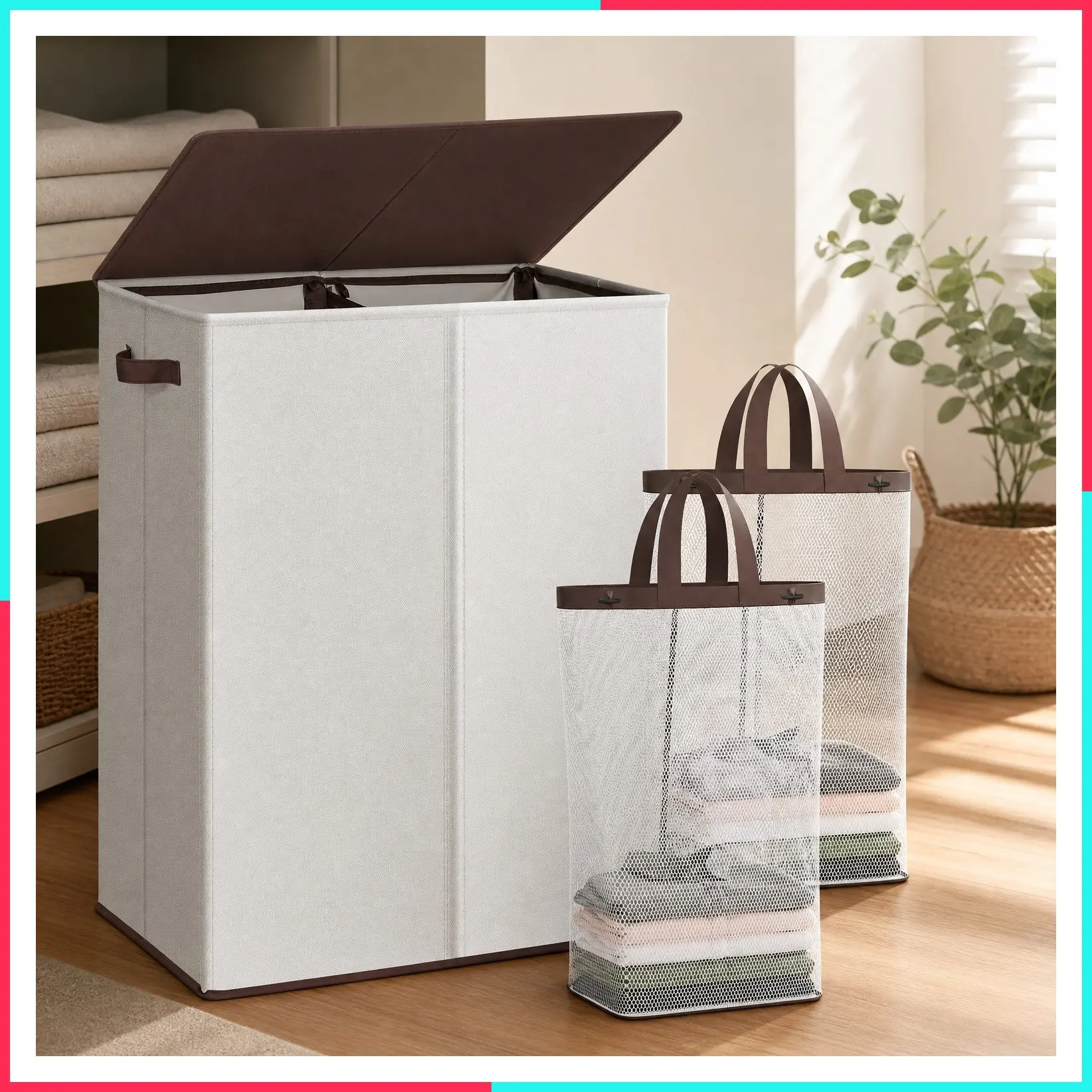 Luxury Double Laundry Hamper with Lid and Removable Bags, 38.3 Gal Large Laundry Basket 2 Sections, Collapsible Clothes Hamper for Bedroom, Laundry Room, Bathroom, Off-white