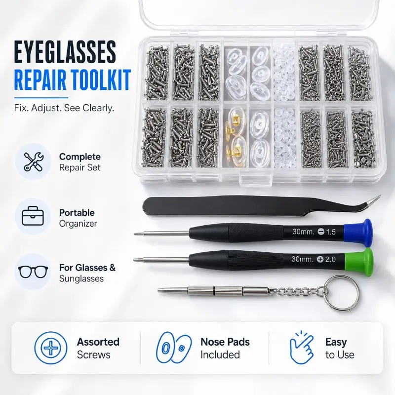 Eyeglasses Repair Universal Kit for Eyewear Users - 1000+ Stainless Steel Screws & Parts, Rubber Grips, 1000+ Pieces, Eyeglass Screwdriver, High Quality Hardware, Screwdriver Components, Anti-Static Tweezers, Engagement, Nose Pads