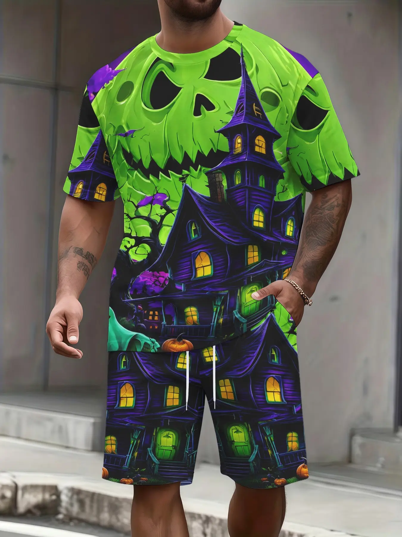 Men's Summer Two-Piece Set Outfit, Fluorescent Skull Print T-Shirt & Drawstring Shorts, Halloween Party Casual, All Seasons
