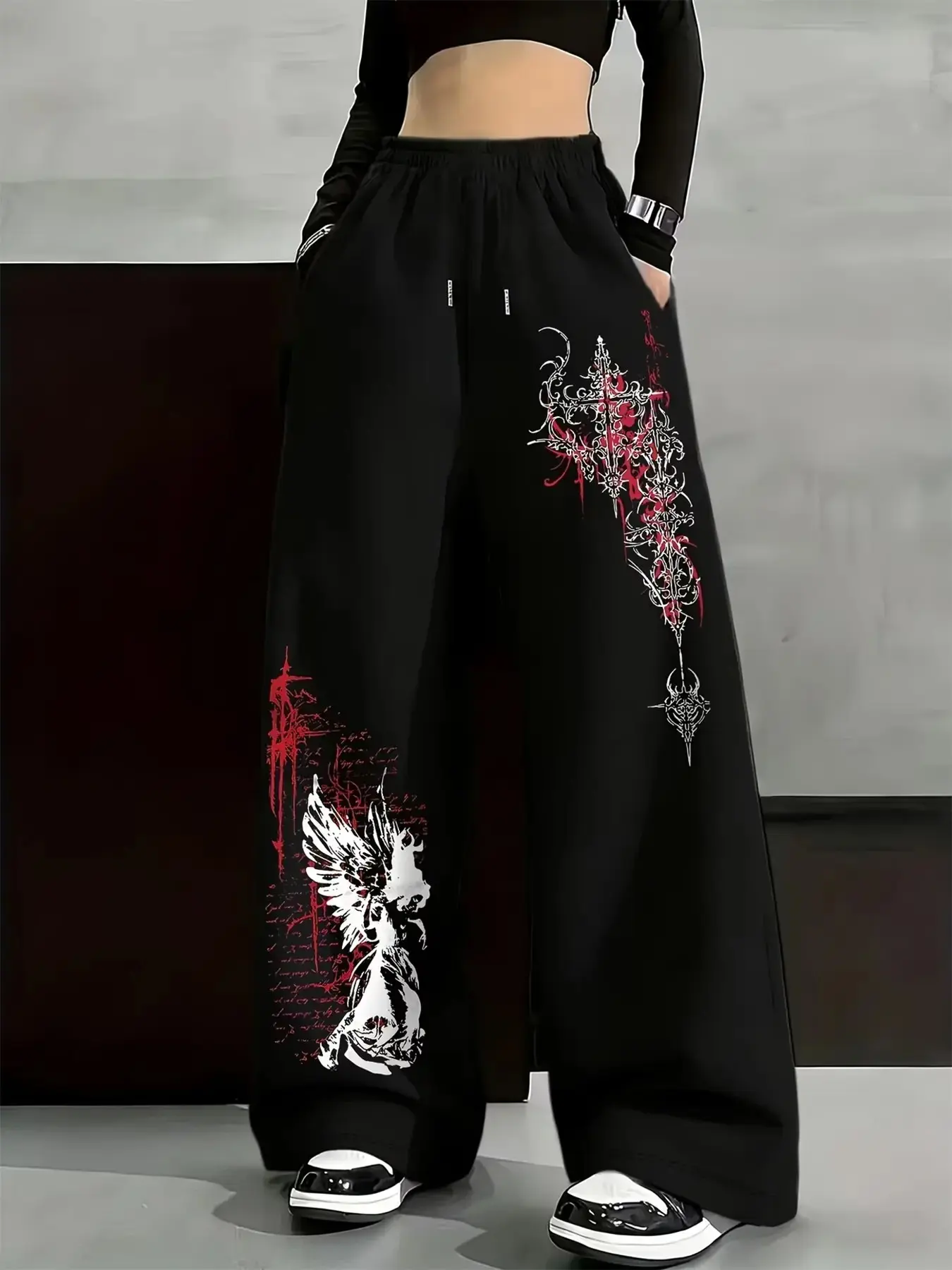 Women Alt Y2K Dark Street Soft Fleece Sweatpant Solid Black Asymmetric Side Vintage Blood Splash Red White Angel Cross Graphic Drawstring High Waist Oversized Wide Leg Floor Length Trouser For Skate Music Festival Daily Wear 2026 Trendy #gothangelwidelegp