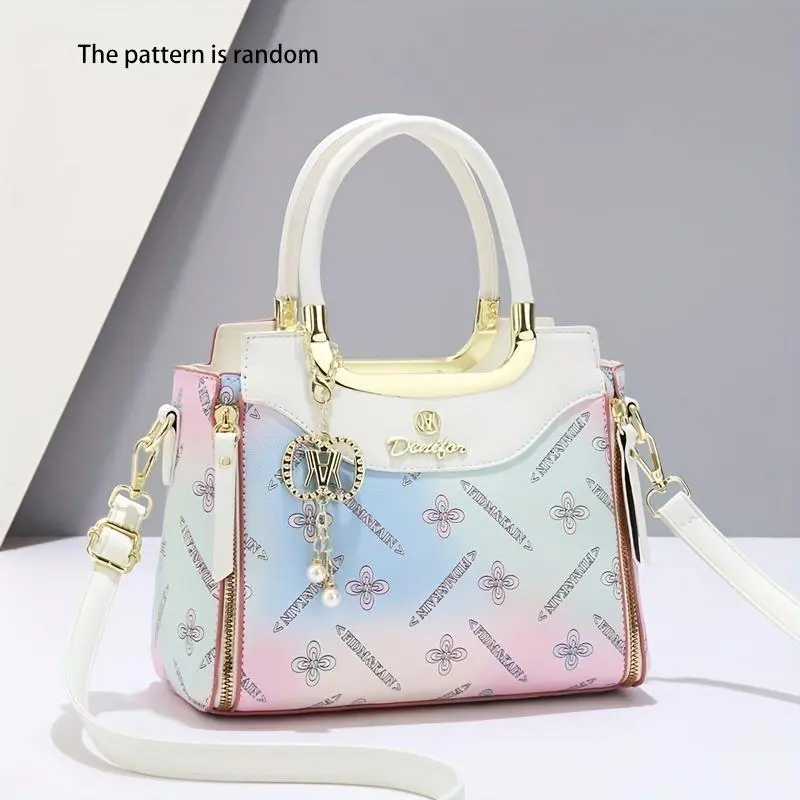 Women's Fashion Crossbody Shoulder Handbag, Retro Gradient Floral Print Top Handle Satchel with Adjustable Strap for Travel & Daily Use