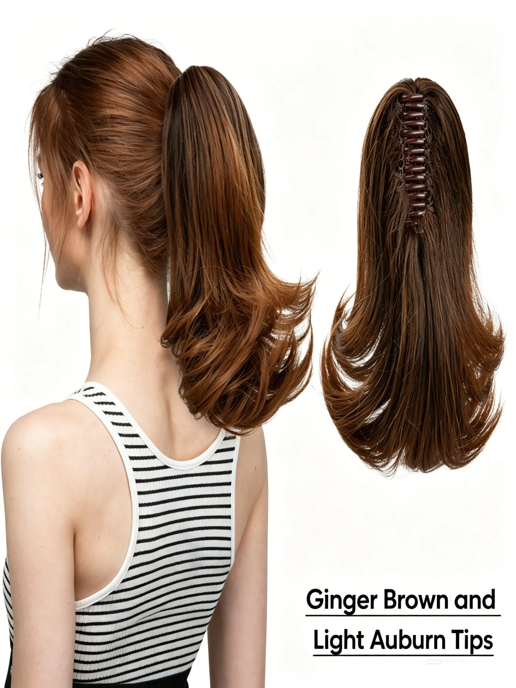 🌟Rooted Ginger Brown Ombre Banana Clip Ponytail, Smooth Tangle-Free Flip End Hair Extension, Secure Claw Clip Fits Short & Long Natural Hair Comfortably All Day