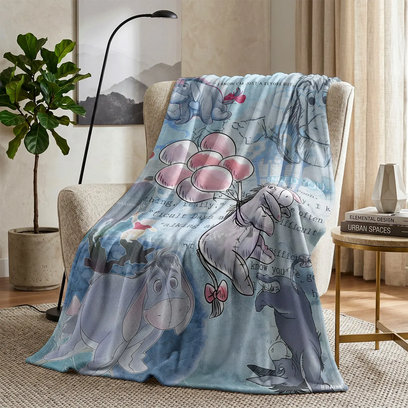 Eeyore Flannel Throw Blanket, Blue Watercolor Collage, Soft Cozy Warm Fleece Blanket, Cute Cartoon Blanket for Couch Sofa Bed, Home Decor Gift