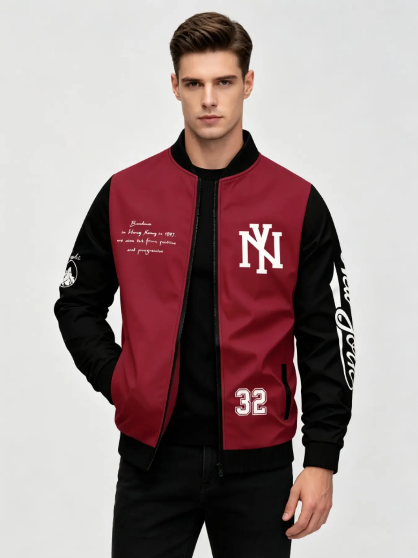 Men's Burgundy Baseball Pilot Jacket, Ny Letter 32 Print, Handwritten Text, Ribbed Stand Collar Zipper Windproof Coat, Casual Streetwear
