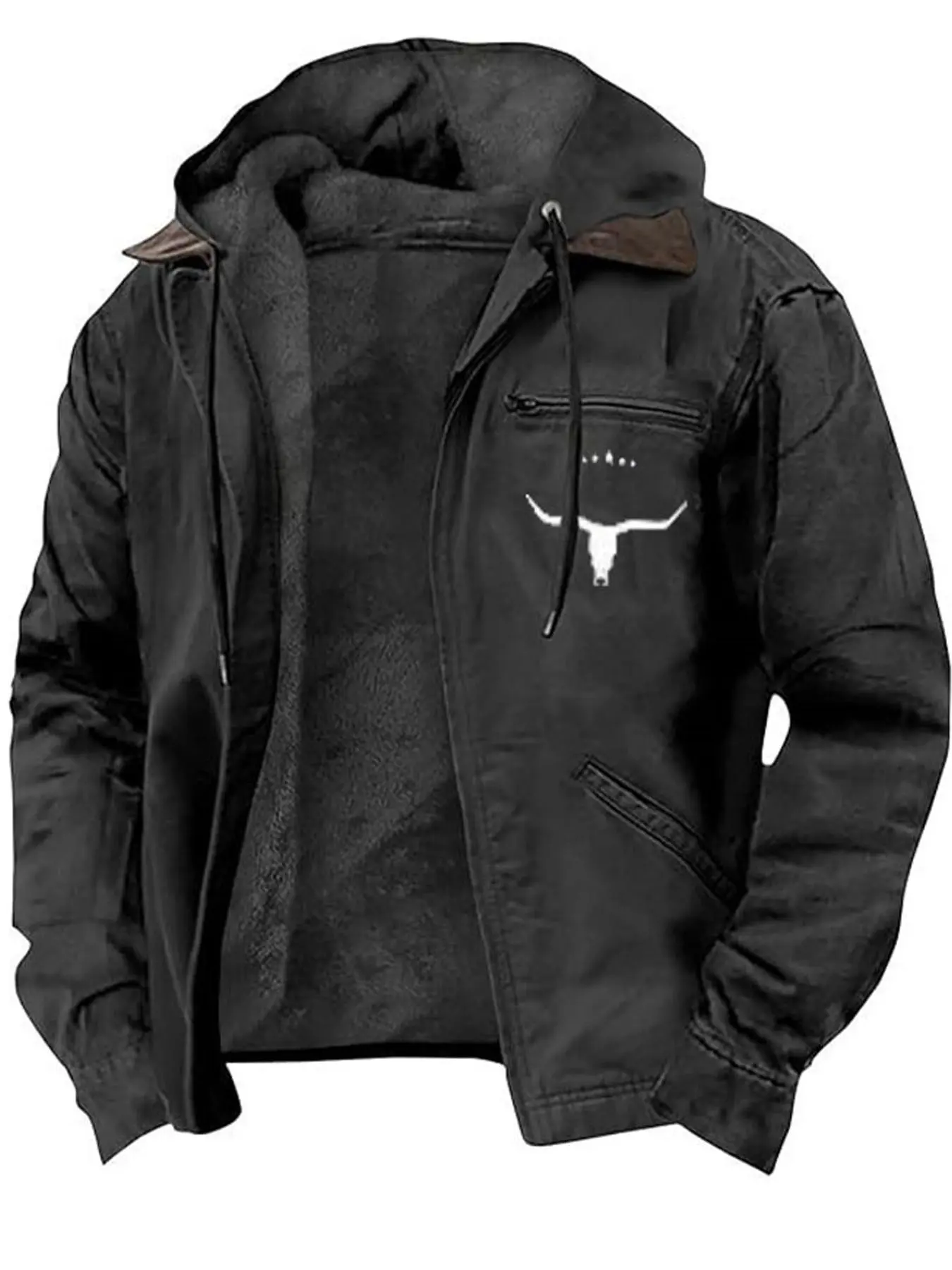 1 PC Men's Spring-Autumn Hooded Coat, with a cow-head print on the chest, a loose and casual retro plain-color zipper multi-pocket jacket, Casual Coats, providing comfort and warmth, windproof and cold-resistant, suitable for outdoor activities.