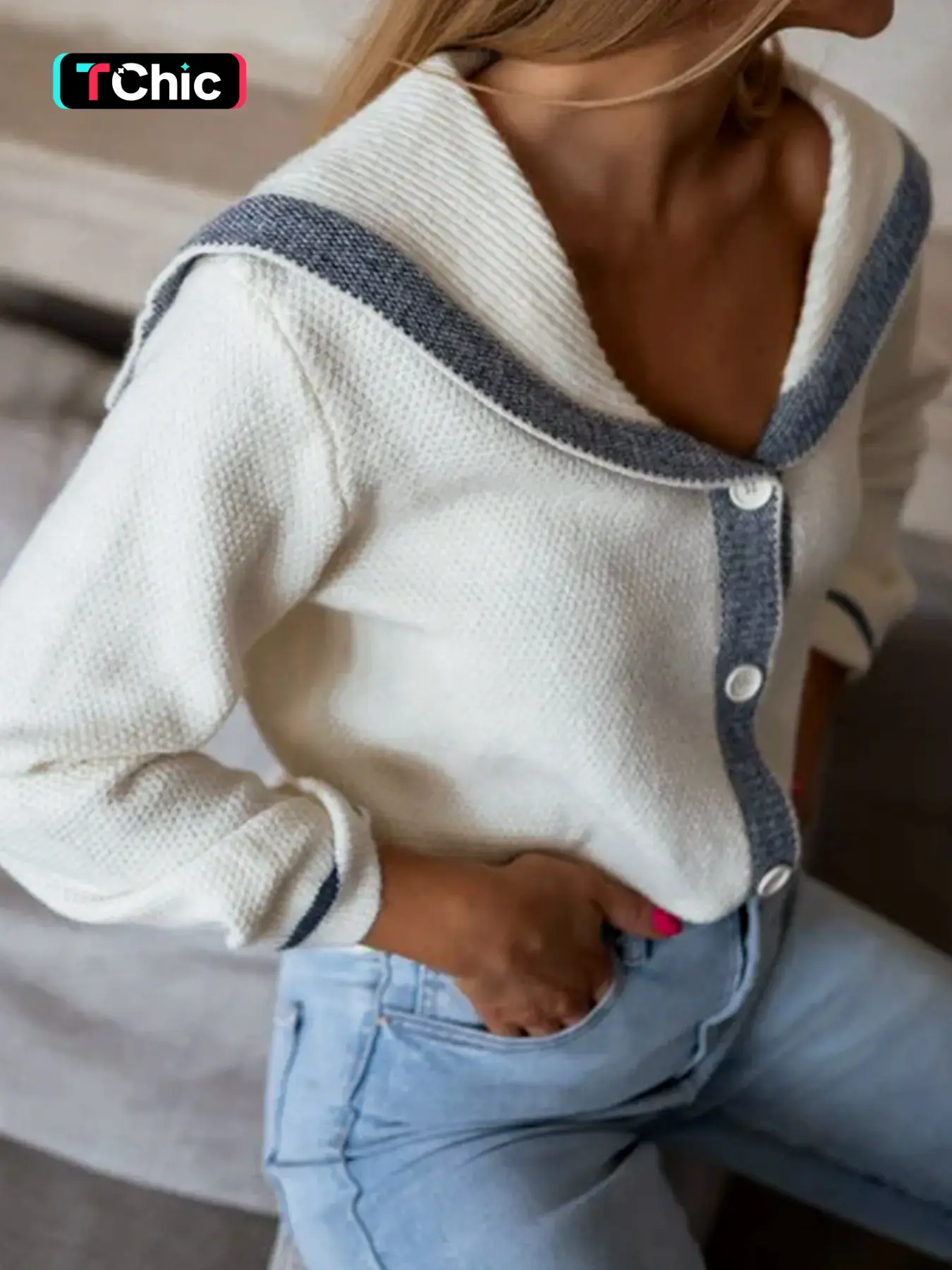 Women's Knitted Lapel Ribbed Button-Down Long Sleeve Color Block Cardigan Tops, Fitted Stylish, Chic, Casual and Elegant Spring and Autumn Fashion, Knitwear, Knitting, Elegant Classy Tops