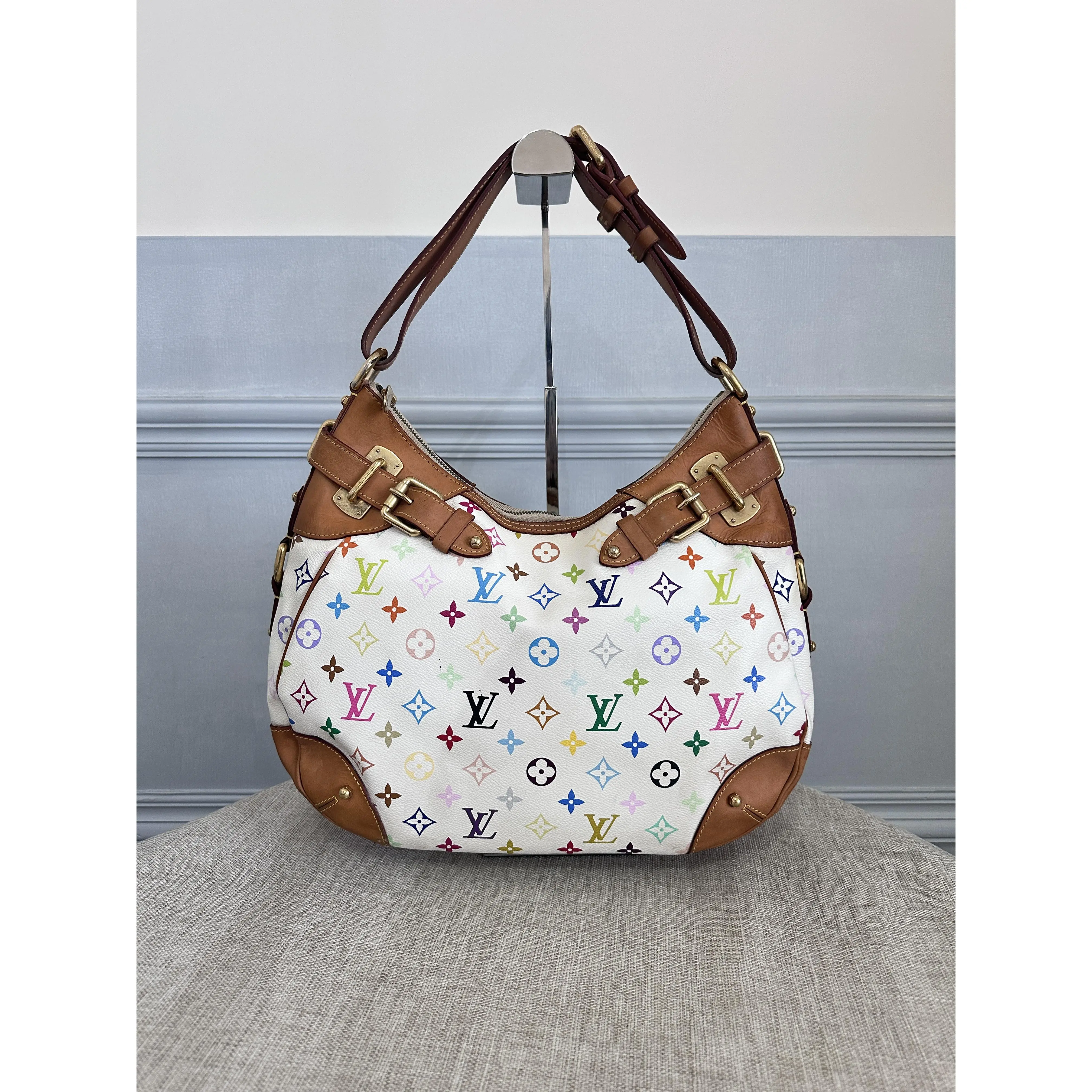 Pre-owned Louis Vuitton Monogram Multicolore White Greta Shoulder Bag Casual Wear, Relaxed Fit, Adjustable Straps, Buckle Closure, Hobo Shape