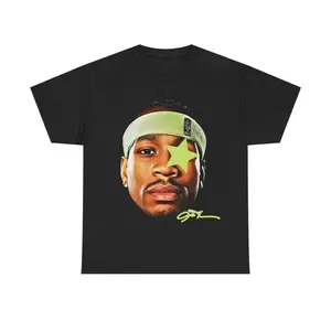 Women's 90s Vintage Washed Oversized Unisex 100% Natural Cotton Crewneck Short-Sleeve T-Shirt - Allen Iverson Inspired Retro Hip Hop Graphic, Relaxed Fit Streetwear, Ideal for Sports, Birthday Gift for Basketball Fans, Cargo Pants Styling Companion