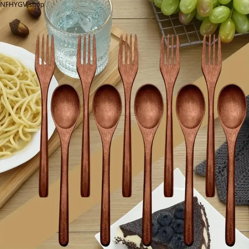 10Pcs Natural Wooden Cutlery Set Consists Of Reusable Smooth Wooden Spoons And Forks, Eco-Friendly Biodegradable Tableware Free Of Harmful Chemicals, Practical Lightweight Kitchen Utensils For Household Daily Cooking And Dining Use