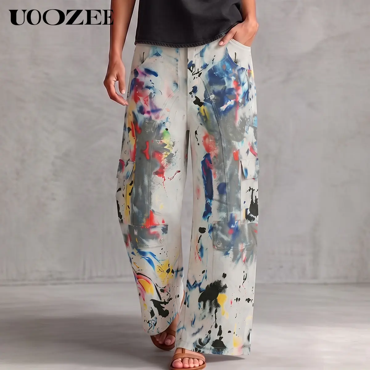 UOOZEE Women's High Waisted Wide Leg Pants, Basic Casual Trouser with Abstract Print, Comfortable Polyester Blend Fabric with Cargo Pockets for Beach