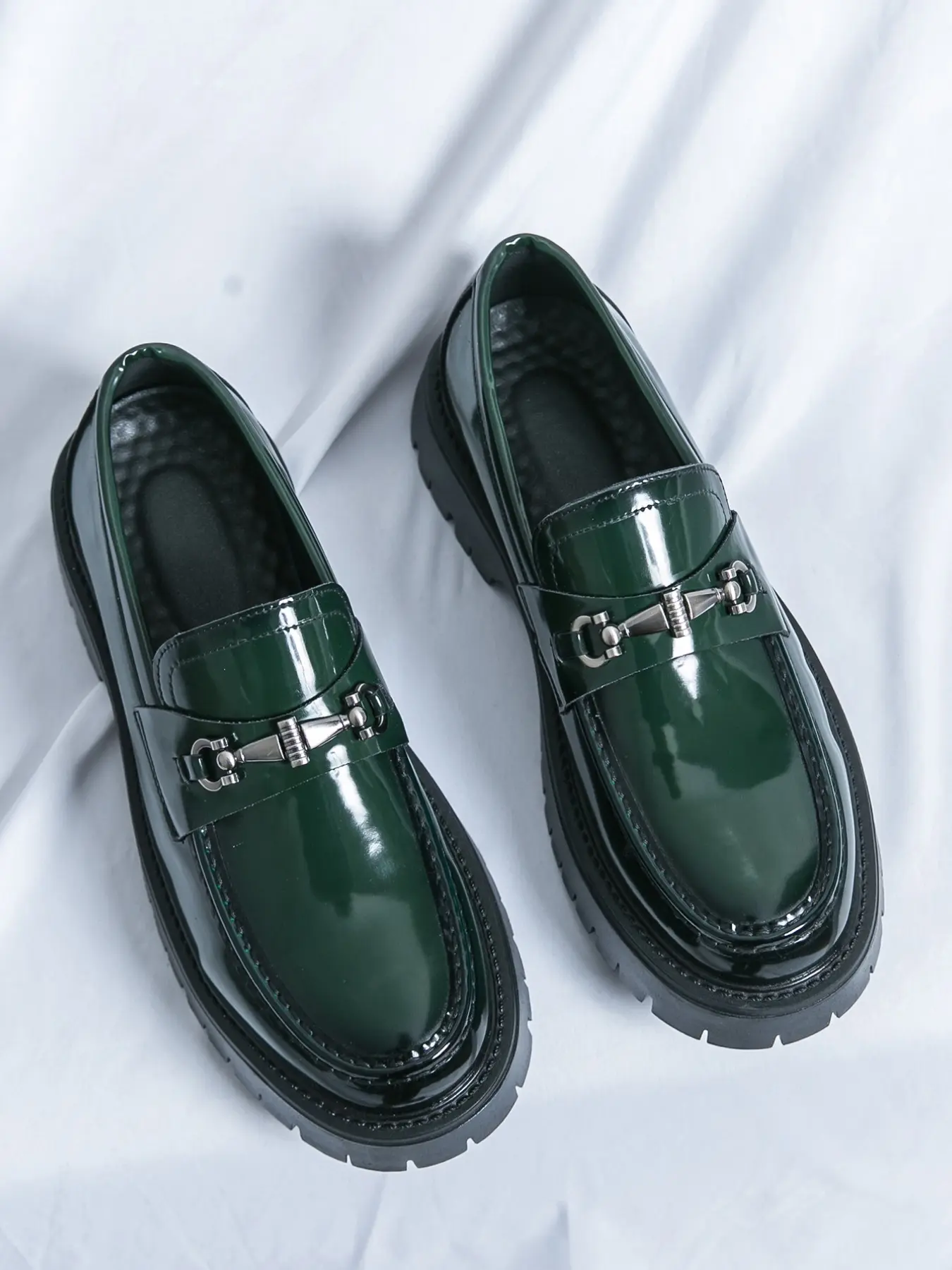 Men's Retro Metal Buckle Thick Sole Loafers, Glossy Leather Slimming Heel Platform Shoes, Casual Fashion Multi-Color Options, PU Leather Footwear