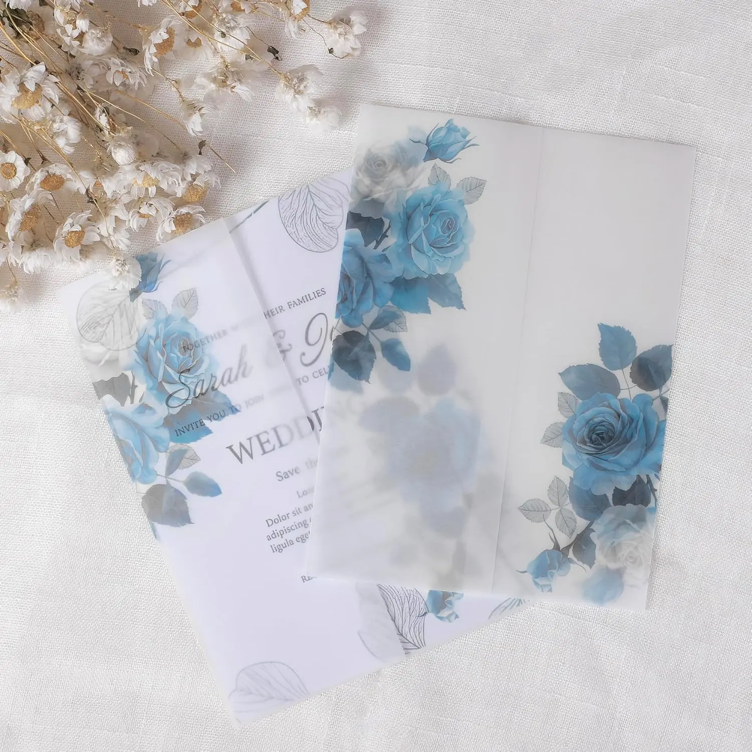 50-Pack Pre-Folded Vellum Jackets for 5x7 Invitations, 115GSM Translucent Sleeves, Blue Floral DIY Wedding Office Stationery Kit for Bridal Events