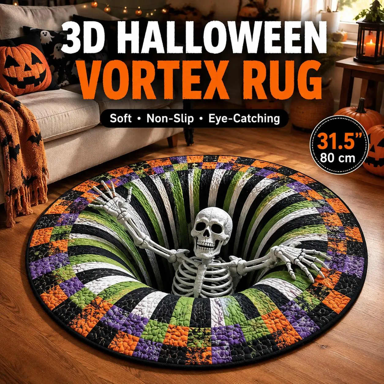 3D Skeleton Vortex Halloween Round Rug, Spooky Optical Illusion Floor Mat, Soft Non‑Slip Decorative Area Rug, 31.5in (80cm) Diameter for Living Room, Kitchen, Bathroom, Halloween Party Home Decoration
