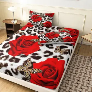 3Pcs Cheetah Print Red Rose Butterfly Fitted Bed Sheet, Bold Leopard Floral Microfiber Bed Sheet Set, Deep Pocket Fitted Sheet & Mattress Protector, For Family Dormitory Hotel Bedding Thick Mattress, Machine Washable For All Bed Sizes ( No Pillow)