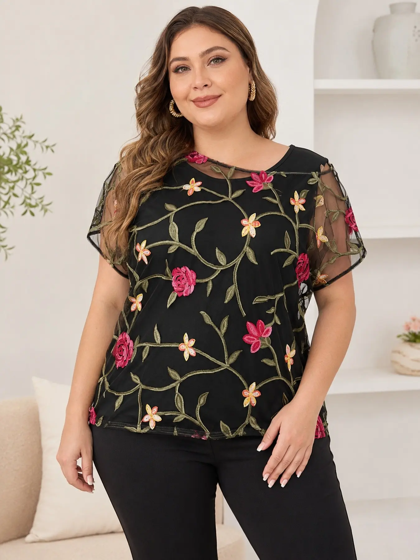 Large Size Floral Embroidered Mesh Top, Elegant Sheer Short Sleeve Inner Shirt, Slim Fit for Party Dinner Evening