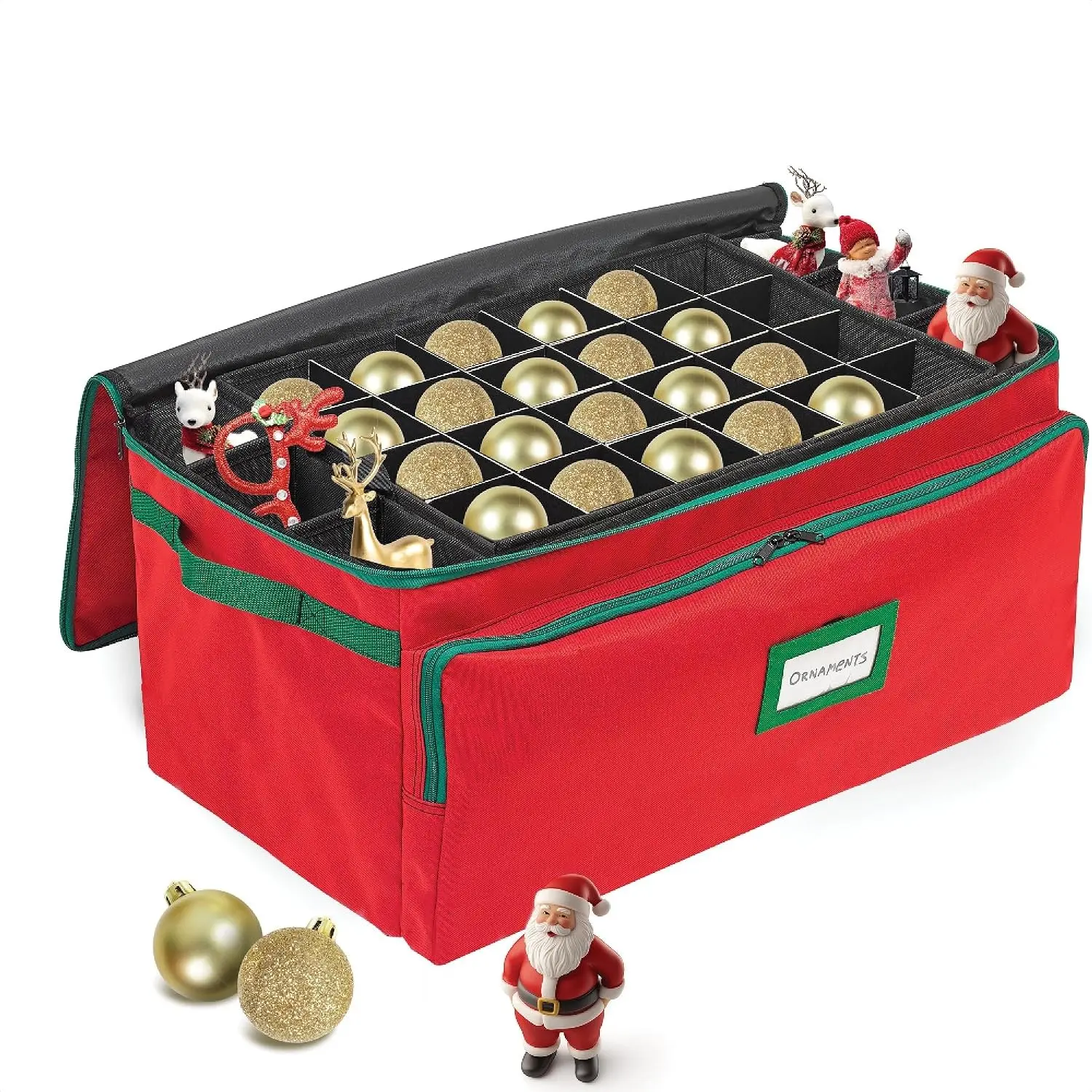 Christmas Ornament Storage Box Holds up to 72 3" Ornaments 6 Side Slots for Figurines & Nutcrackers Durable 600D Red Canvas Holiday Decoration Organizer