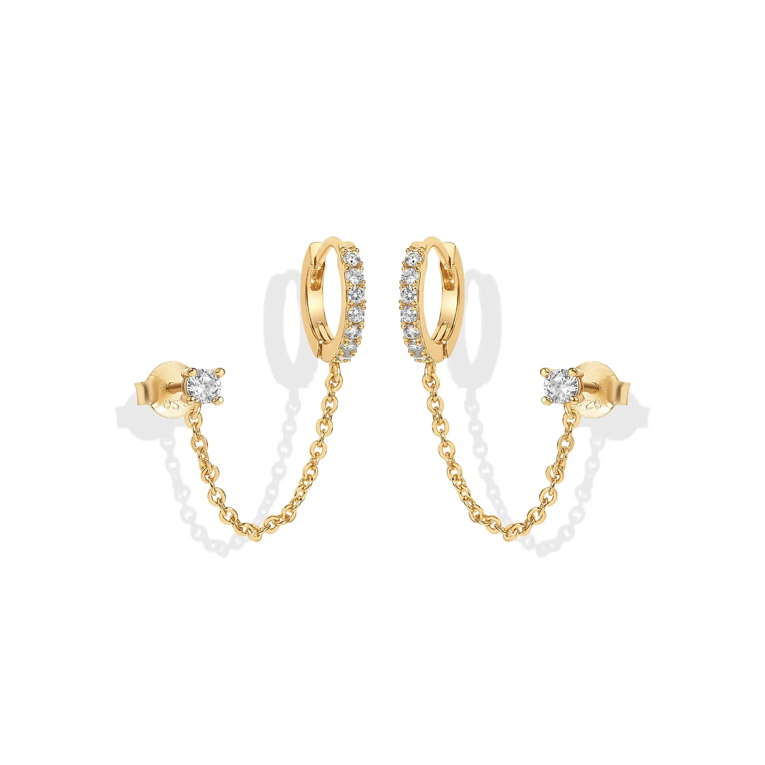 14K Gold Plated Chain Earrings for Women - Double Piercing Dangle Chain Huggie Hoop Earrings - Cubic Zirconia Single Stud Ear Cuff Earrings for Women