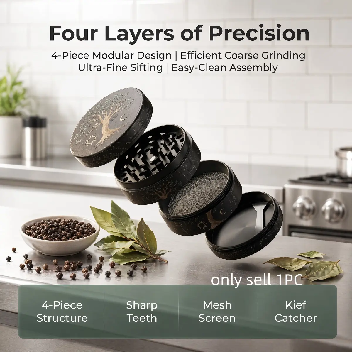 2.4inch 6cm Mini Manual Pepper Mill Peppercorn Dry Spice Grinder Tree of Life Print Pattern Compact Kitchen Seasoning Tool Home Cooking Meal Prep Kitchen Gadgets