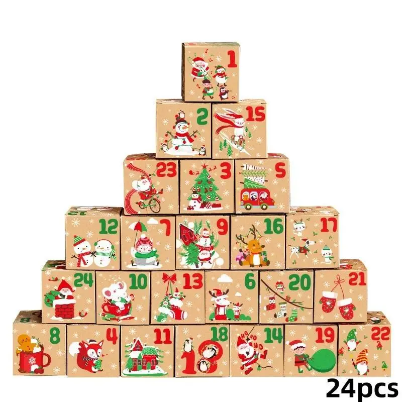 24pcs Vintage Christmas Cowhide Paper Box DIY Advent Calendar Snack Box Christmas Countdown Calendar Gift Box Party Gift Supplies, Christmas Decorations, Christmas Supplies