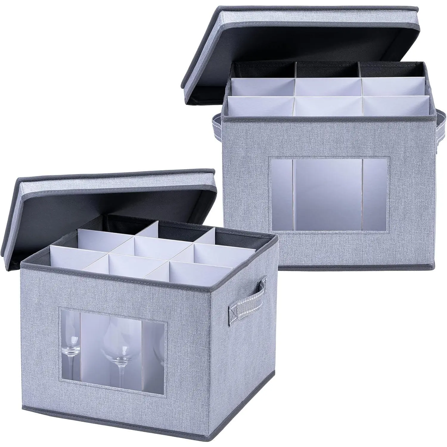 2 Pack Wine Glass Storage Box, Hard Shell Stemware Storage Case with Dividers & Handles for Moving Crystal Glassware, Champagne Flute and Christmas Holiday Ornaments (for 18 Glasses)