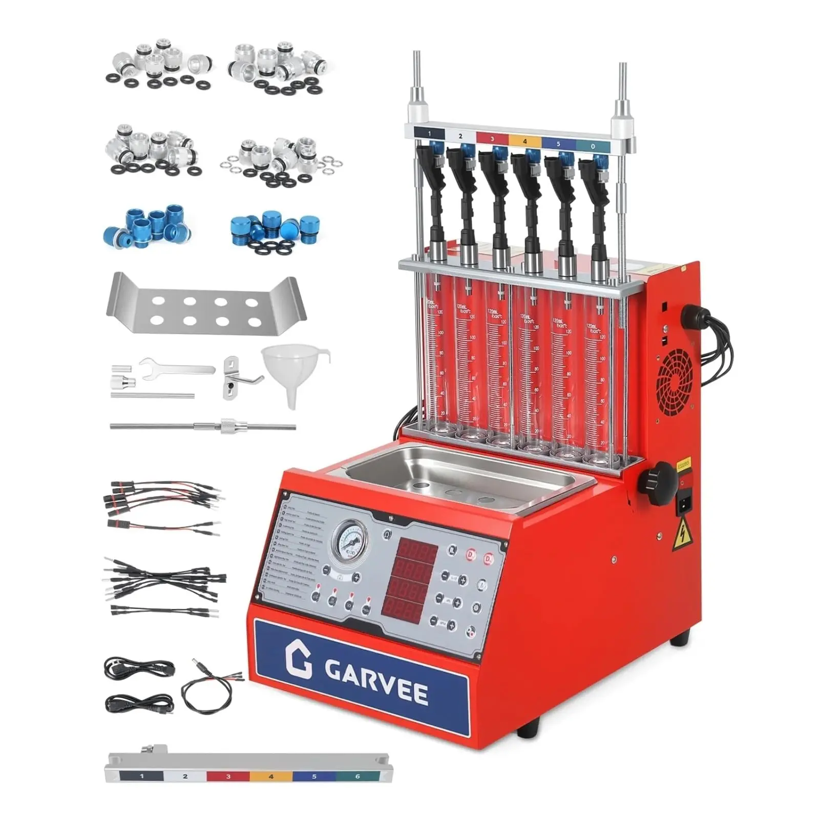 Garvee Fuel Injector Cleaner Tester 6-Cylinder 11 Test Modes 12V, Ultrasonic GDI Injector Cleaning Machine with Adjustable Pressure (0-10 bar), Pulse Width (0.1-25ms), Resistance Test, Digital Display