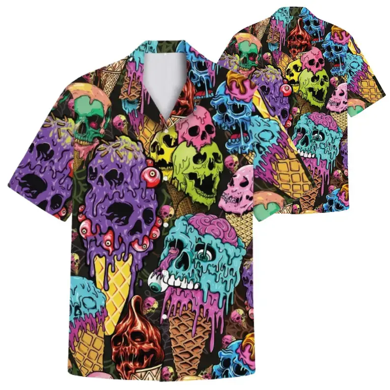 Melting Skull Ice Cream Hawaiian Shirt, Colorful Horror Aloha Shirt for Men Gift