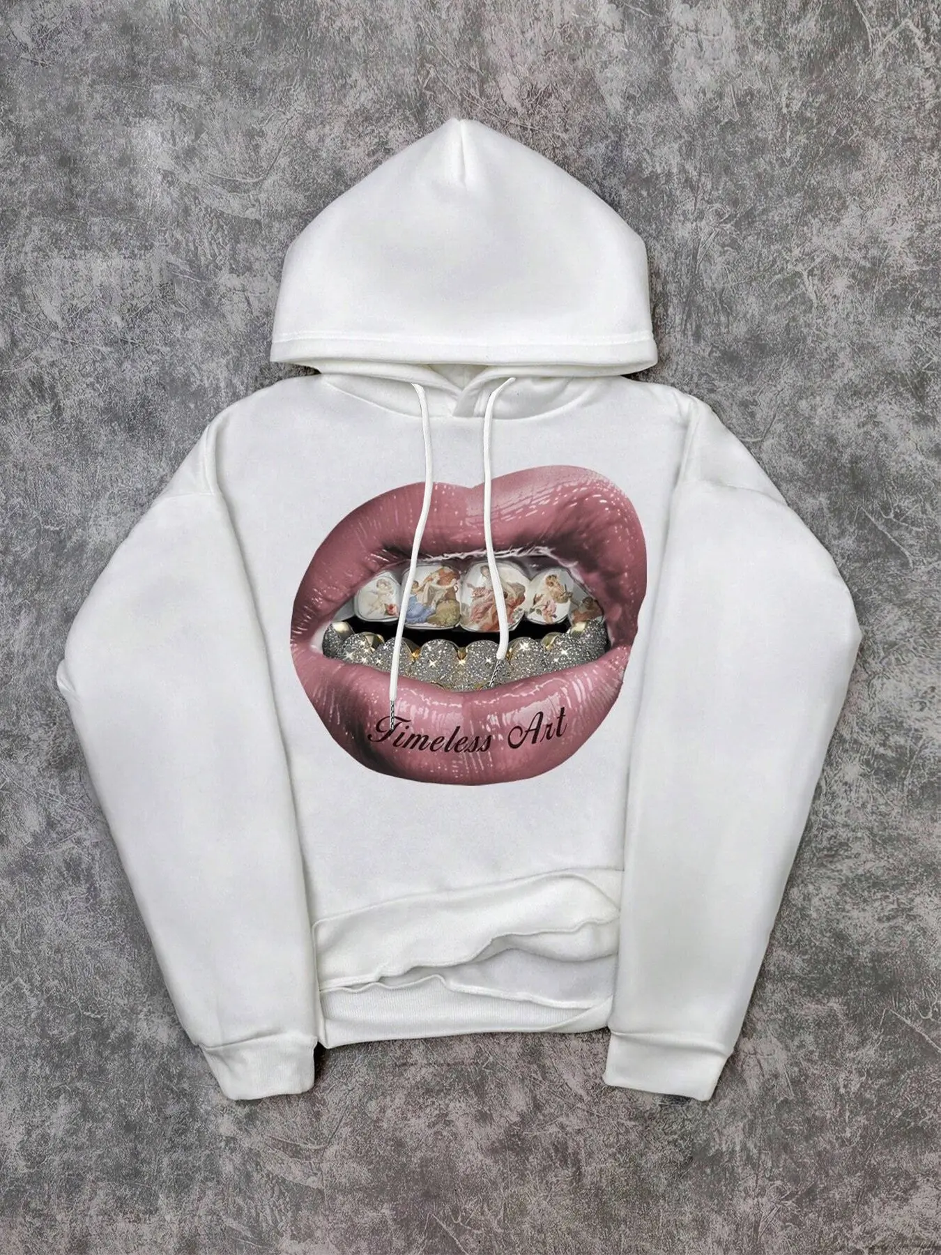 Vintage Art Street Sweatshirt, Lips Gold Teeth Angel Oil Painting Print, Loose-Fit Long Sleeve, Casual Fall & Winter Style