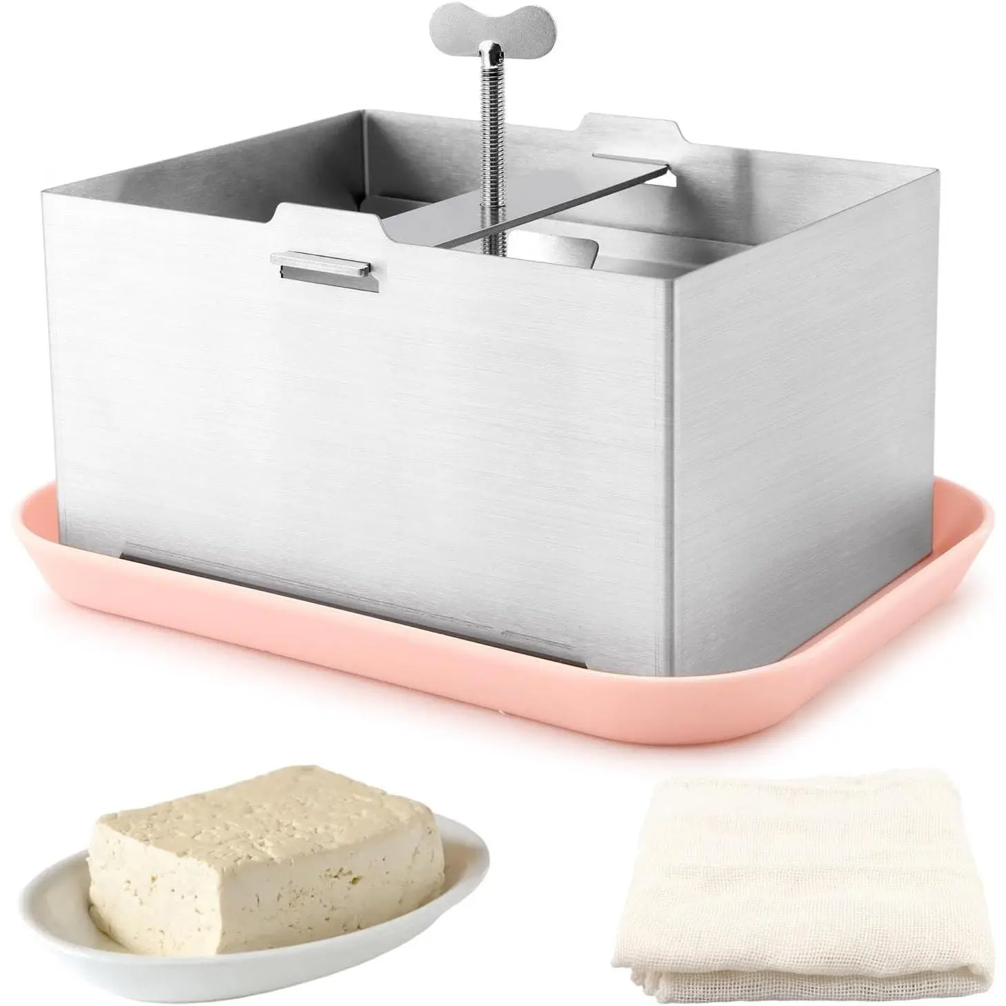Stainless Steel Tofu Press & Paneer Maker with Presser Towel and Drip Tray for Homemade Tofu (6.3x4.72inch),Effortless Water Removal for Enhanced Texture & Flavor