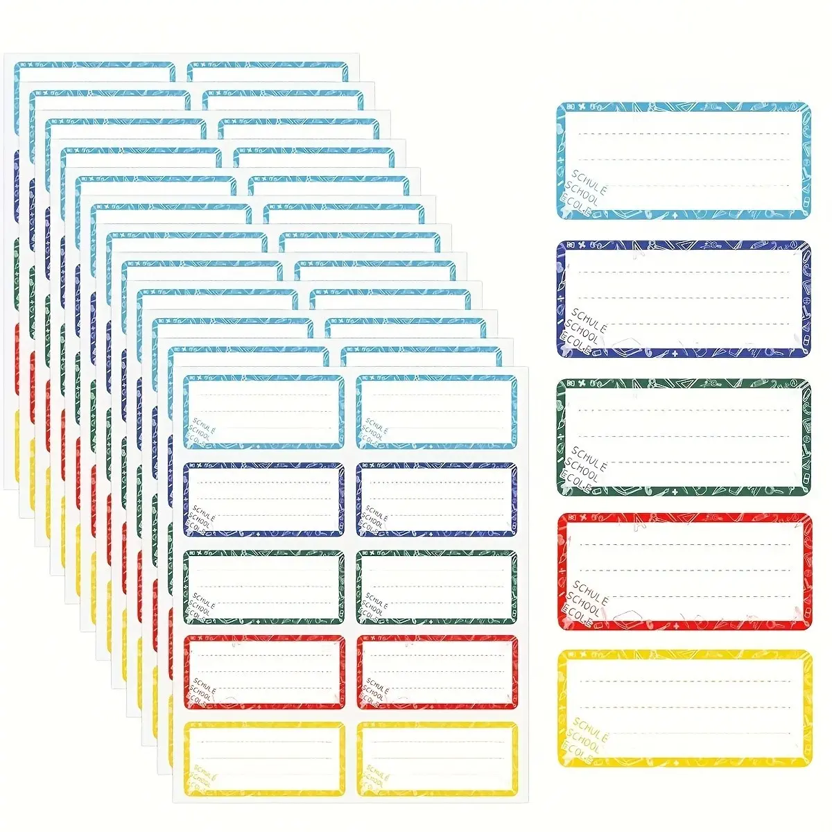 100 School Label Stickers, 5 Colors Name Tags, Ideal for Schools, Homes, Warehouses, Nursing Homes, Hospitals, and More
